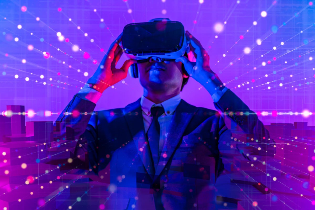 Businessman having fun play game VR virtual reality goggle in 3D cyberspace futuristic metaverse