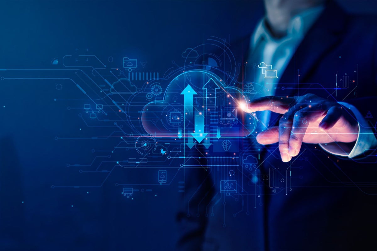 Businessman touch cloud computing icon meant to be data storage concept.
