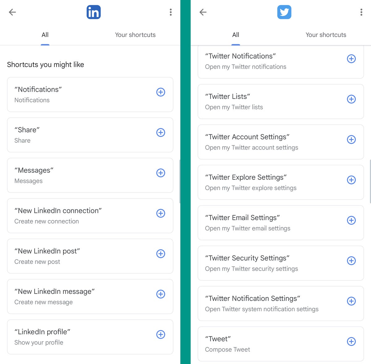 Google Assistant Android Shortcuts: LinkedIn, Twitter