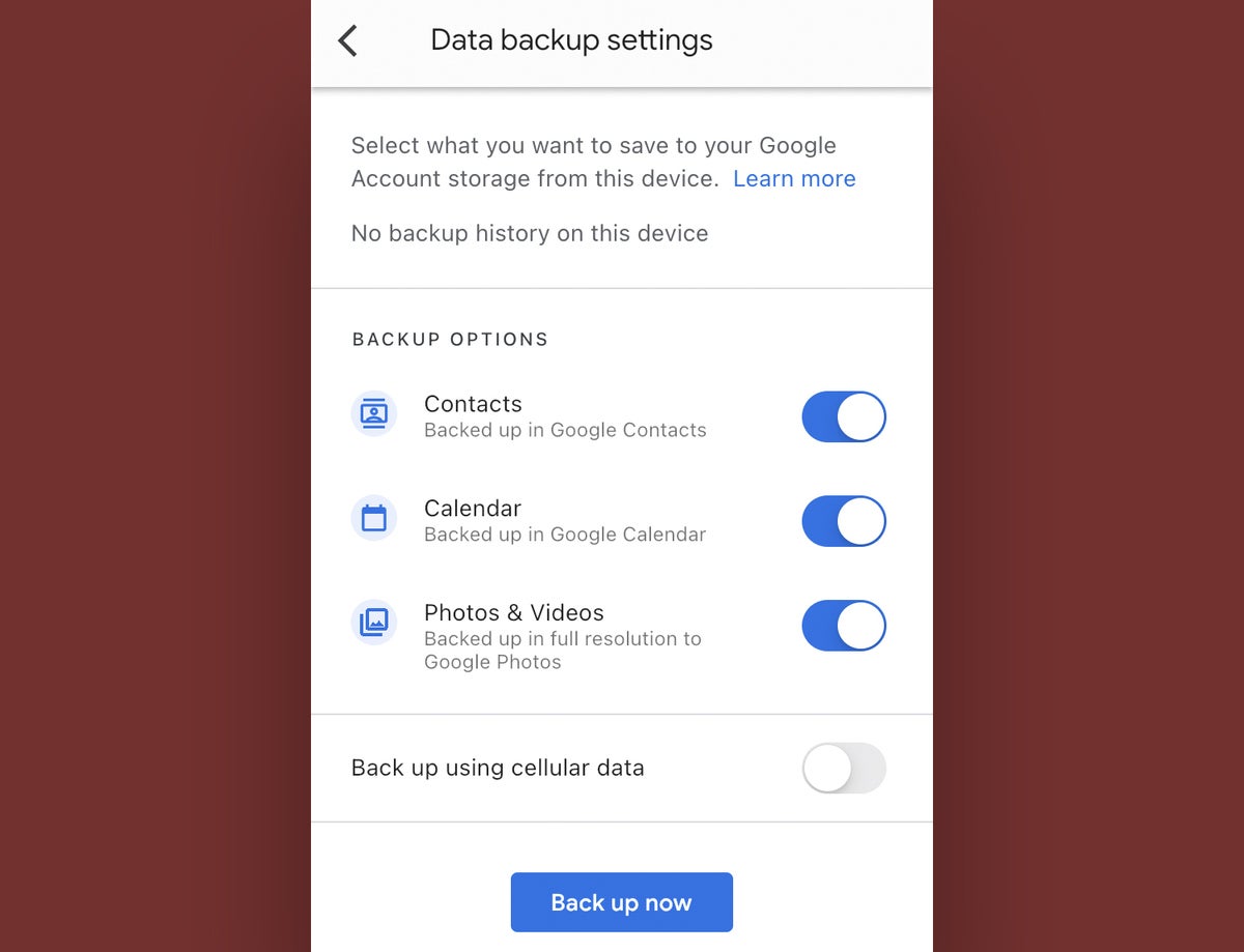 google one ios app data backup settings