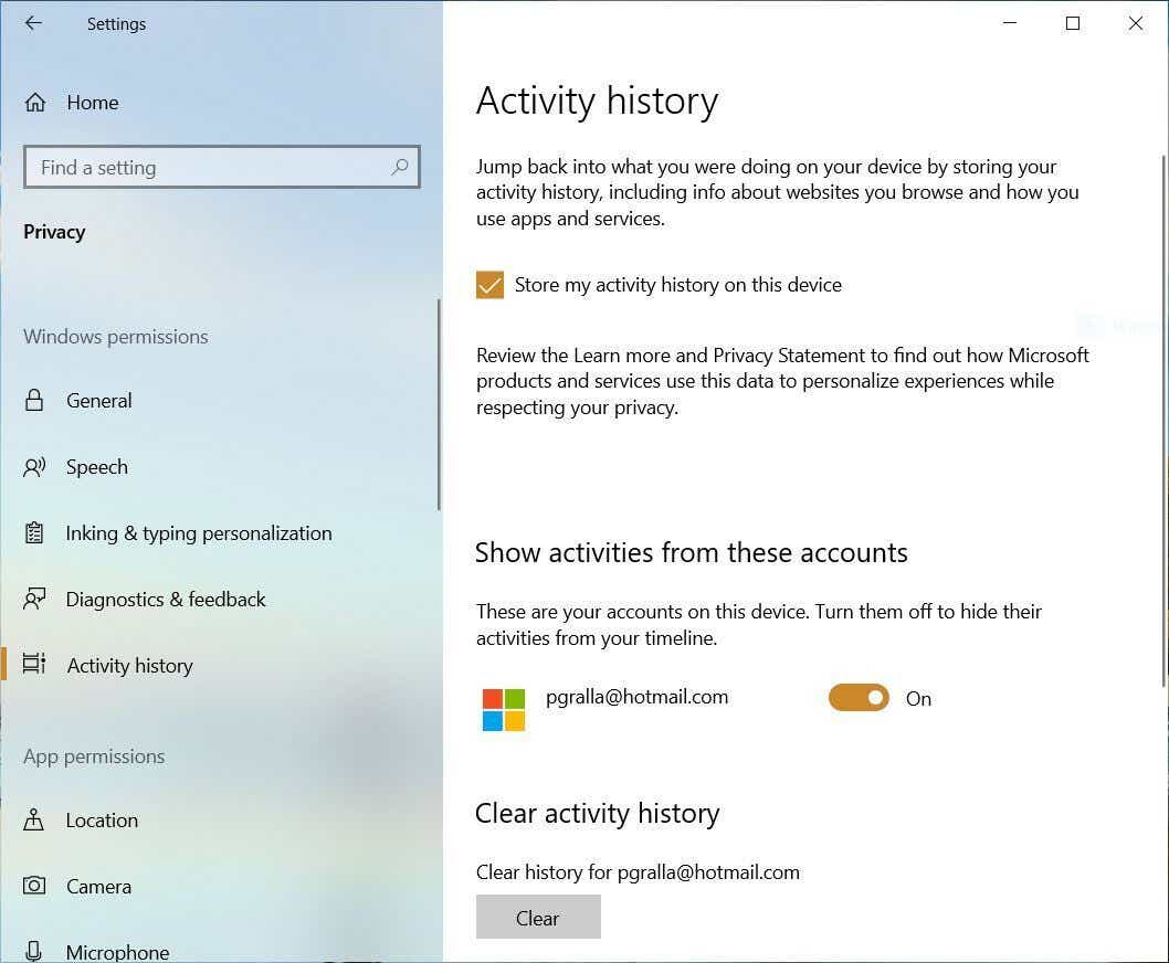 win10 privacy activity history 22h2