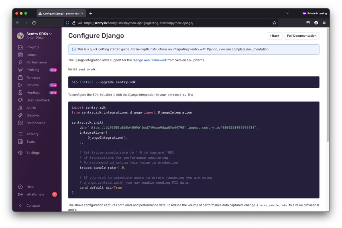 Copy the code snippet to configure Django.