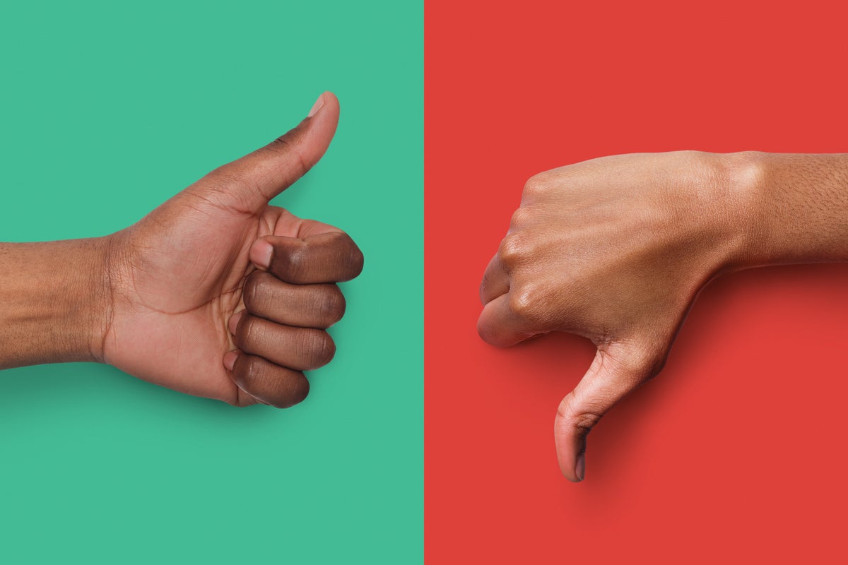 Thumbs up, thumbs down. Green and red background.