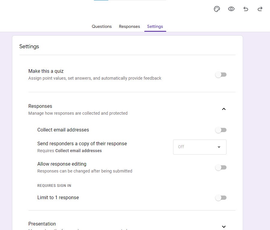 google forms 10 settings page