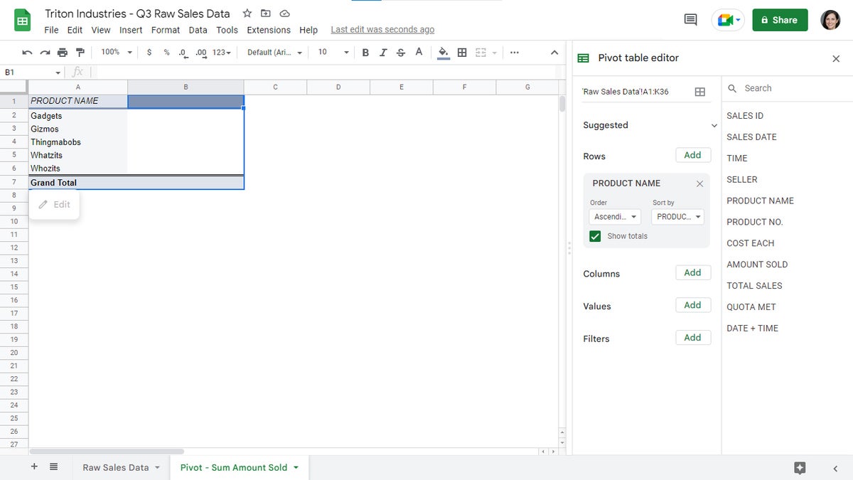 google sheets pivot tables 08 product name rows added