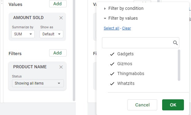 google sheets pivot tables 11 filter by values