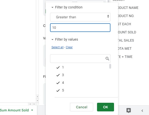 google sheets pivot tables 13 filter by condition