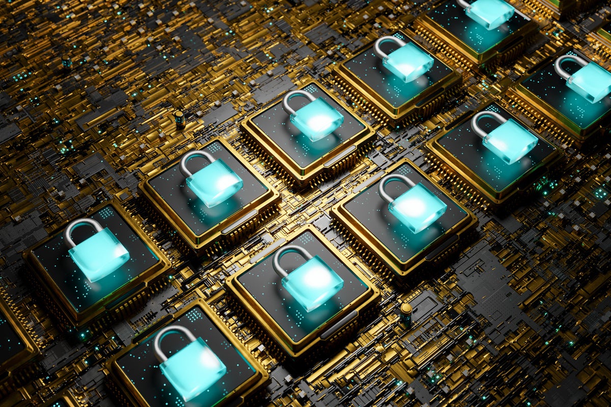 Closeup of microchip padlocks on a electronic board stock photo