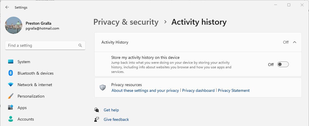 win11 privacy disable activity history
