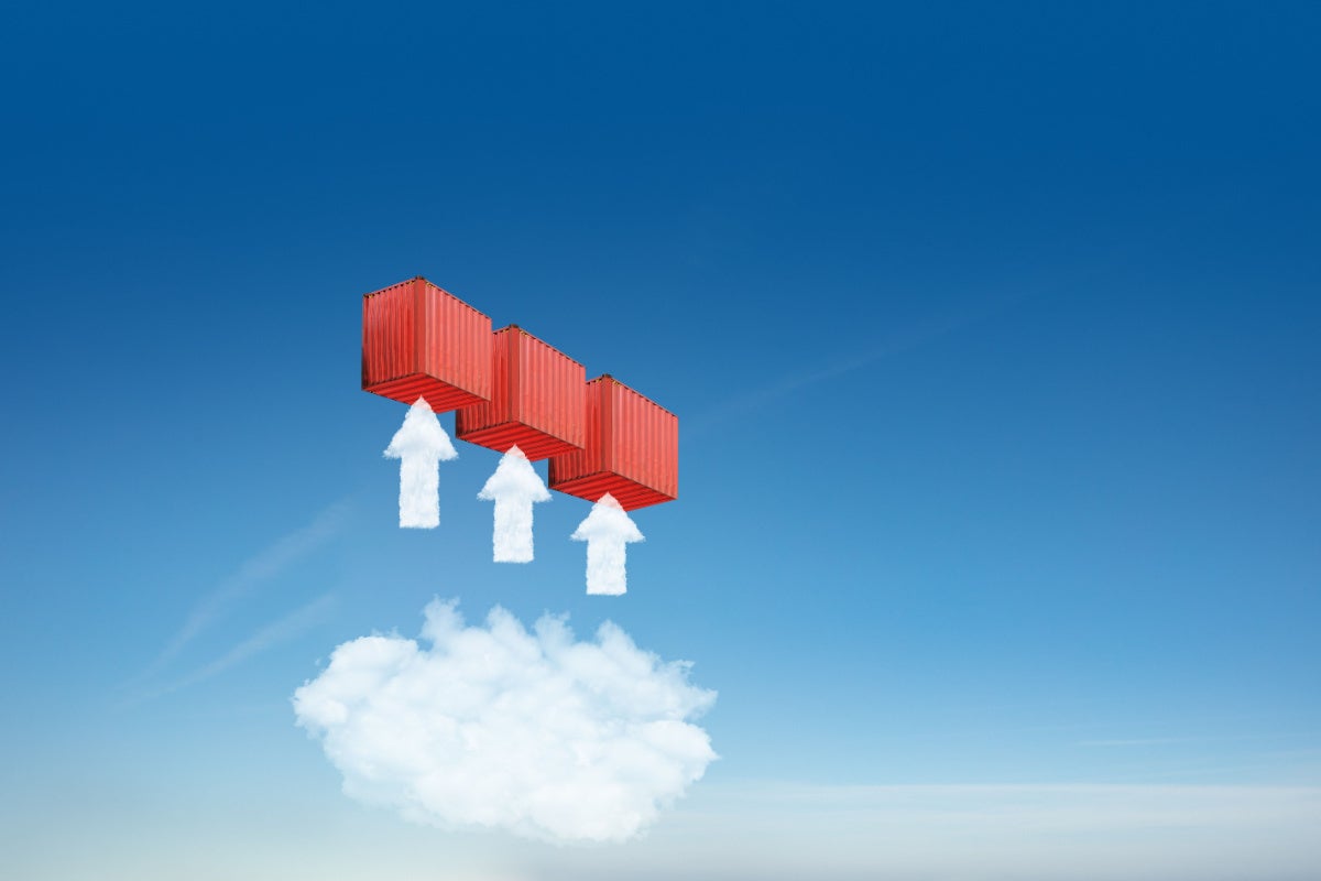 Three containers in the sky with a cloud underneath; concept for Kubernetes & container apps