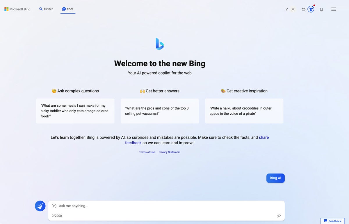 Bing's AI chatbot homepage