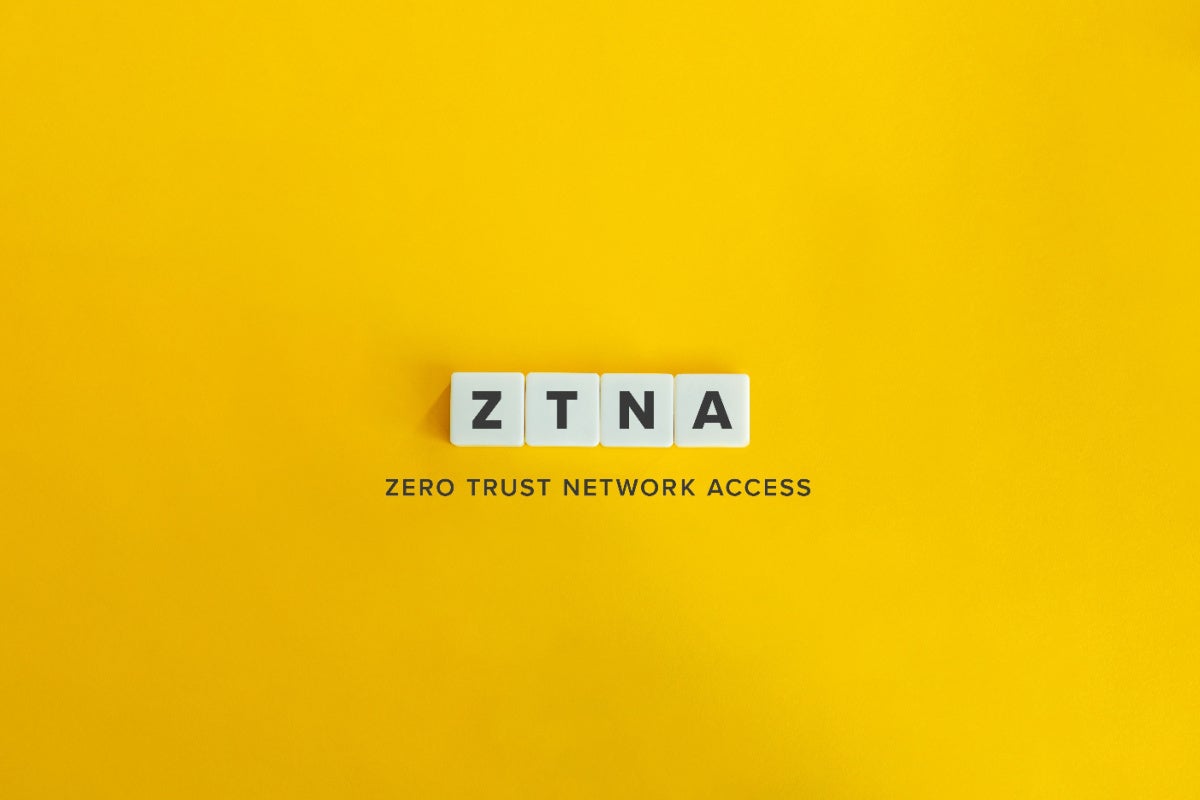Zero Trust Network Access (ZTNA) Banner. Block Letter Tiles on Yellow Background.