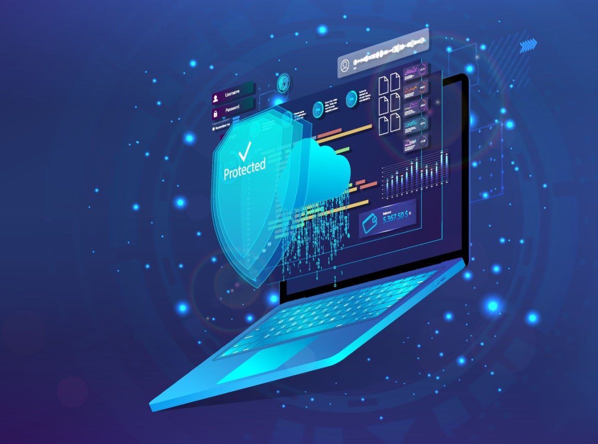 3D Laptop with shield, Cyber Security concept.