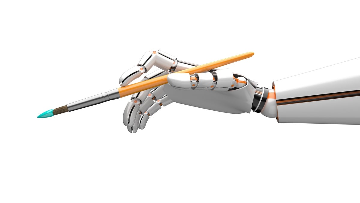Generative AI, robotic hand with paintbrush