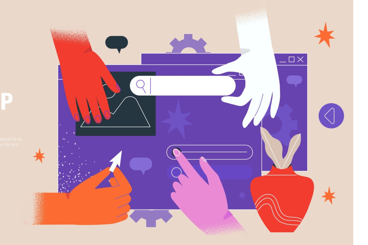 Illustration of colourful hands working together on an application – collaboration software concept