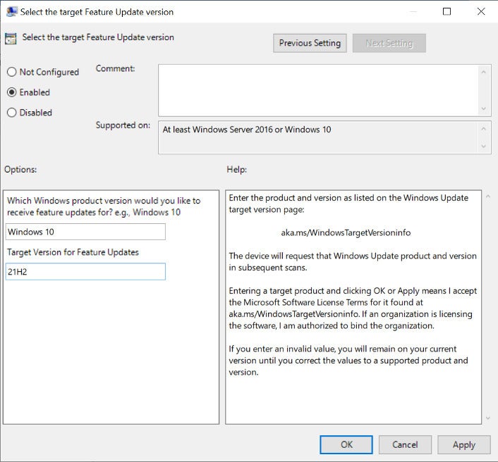 win10 group policy editor target feature update version