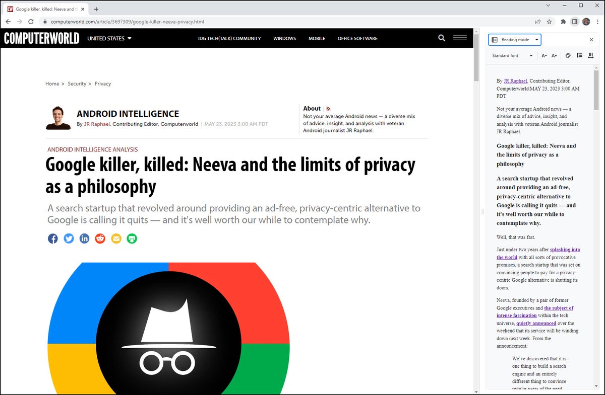 Google Chrome Reading Mode panel