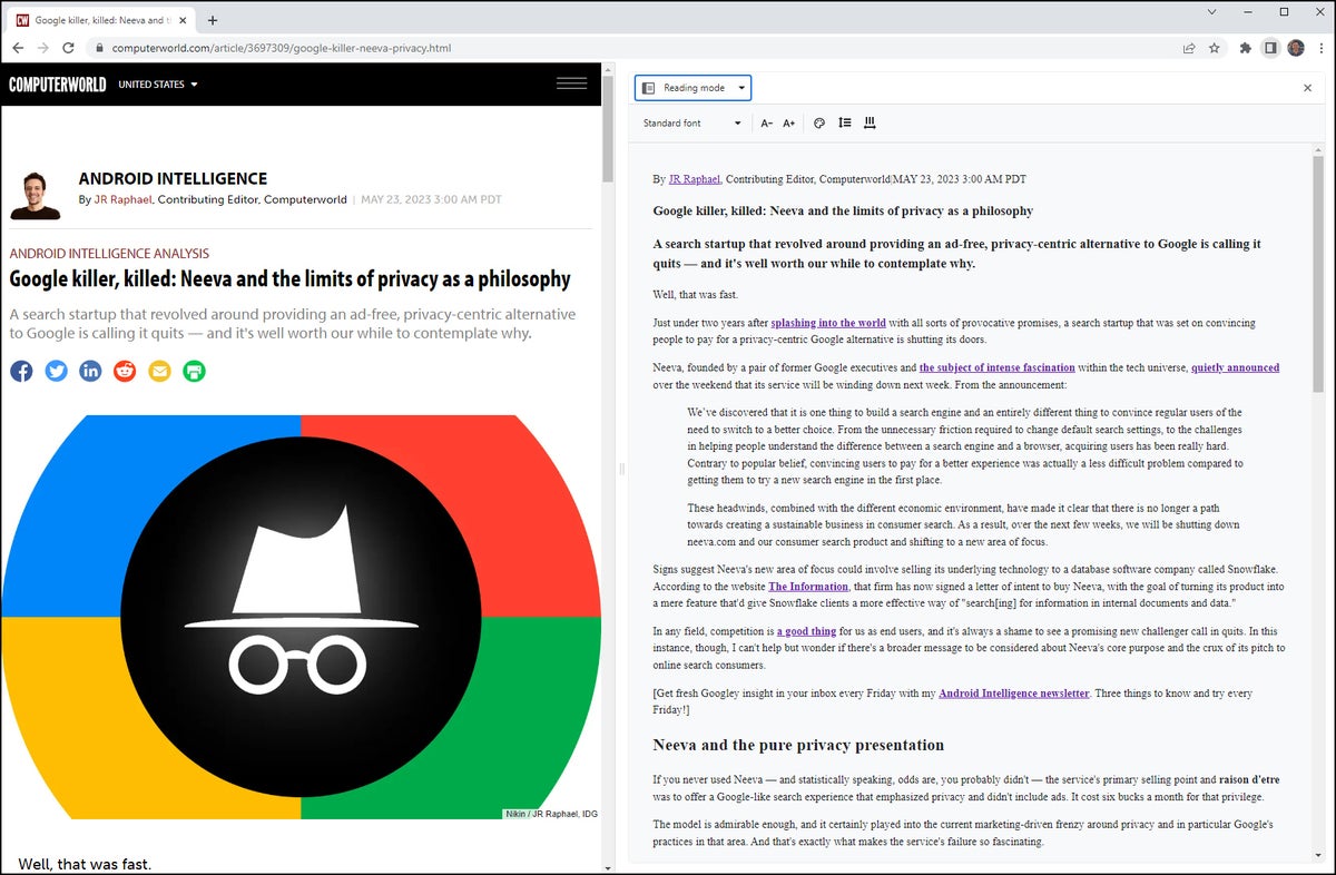 Google Chrome Reading Mode panel - expand