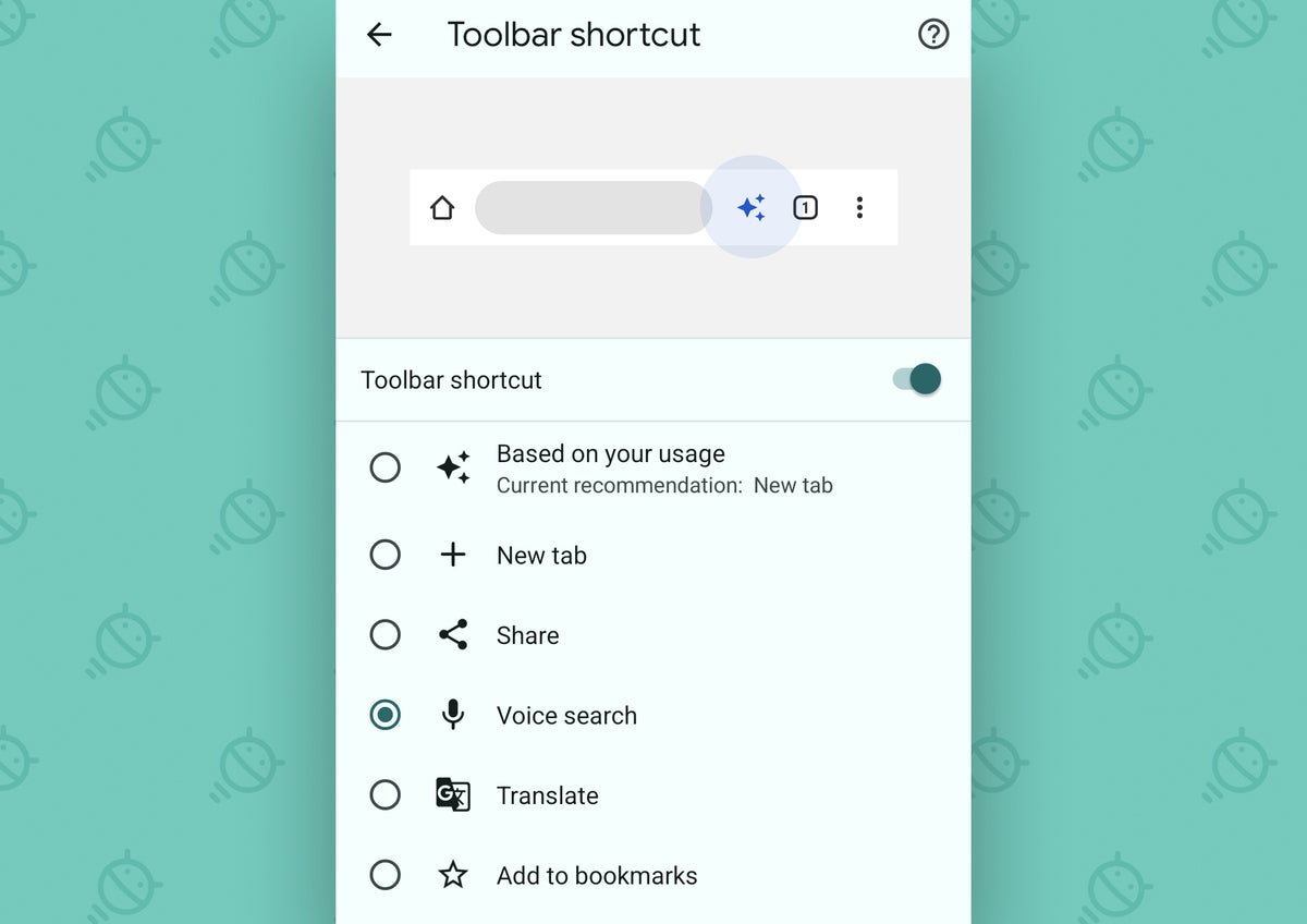 Chrome Android Settings: Toolbar button options