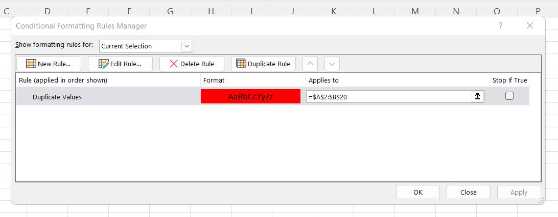 conditional formatting excel 19 manage rules