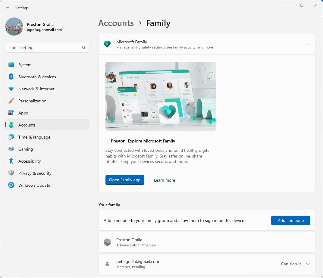 win11 accounts list family settings