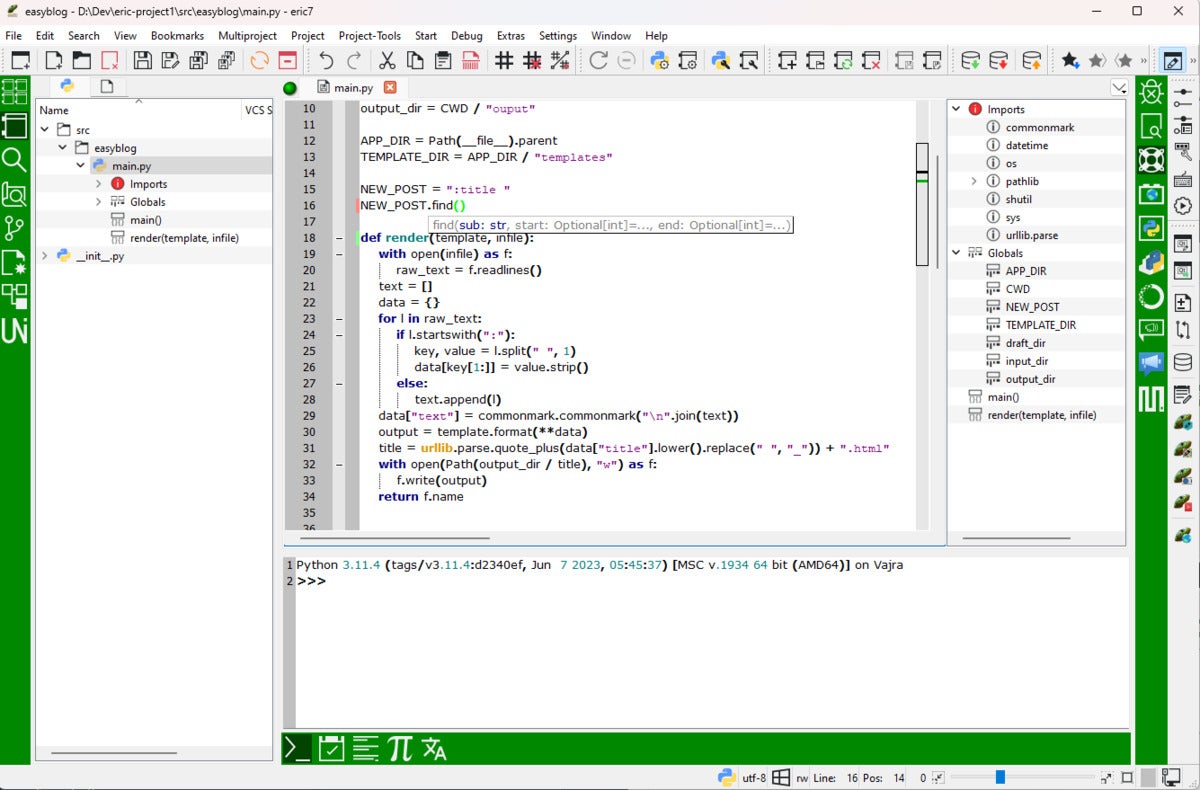 The Eric7 IDE overflows with useful Python features.