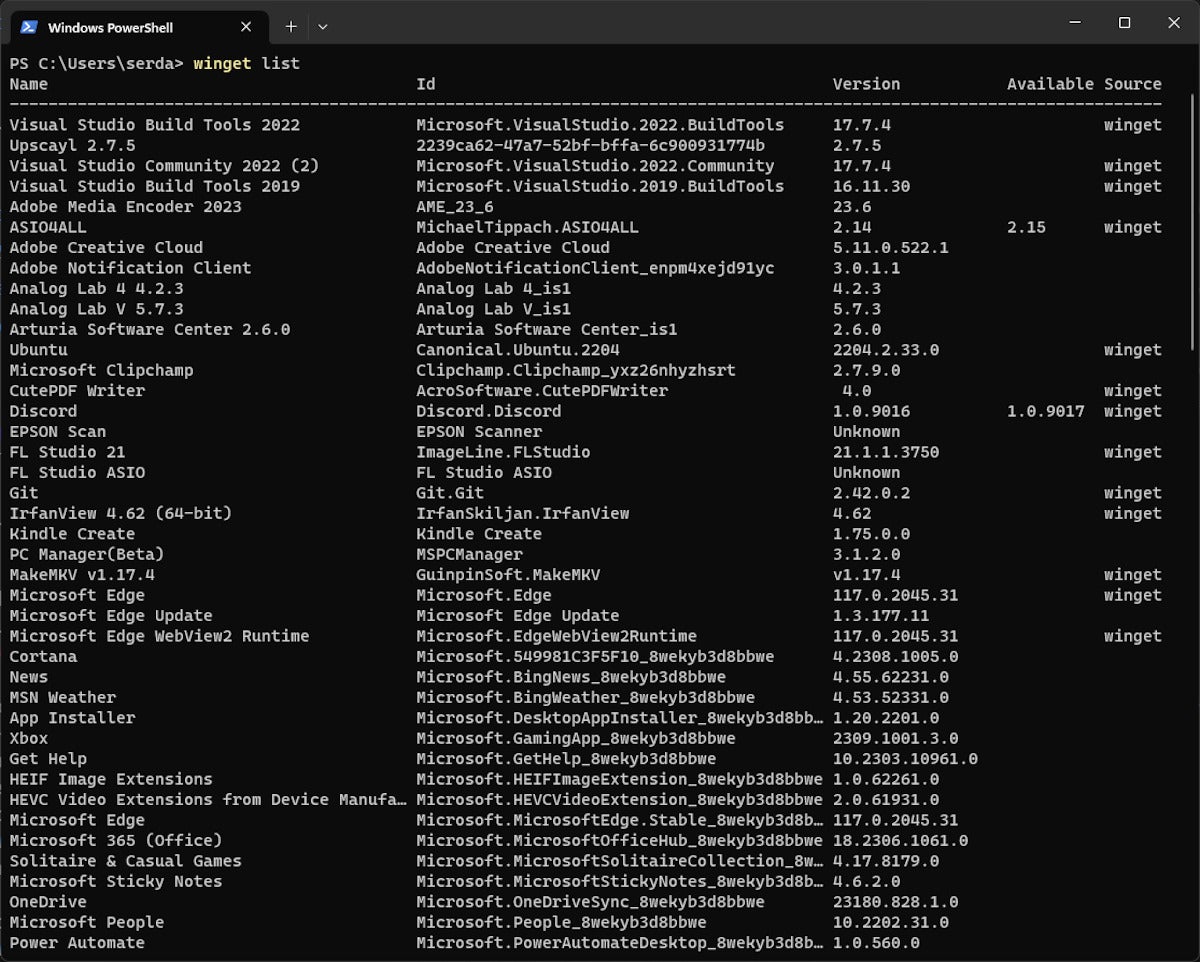 Sample output of Winget list.