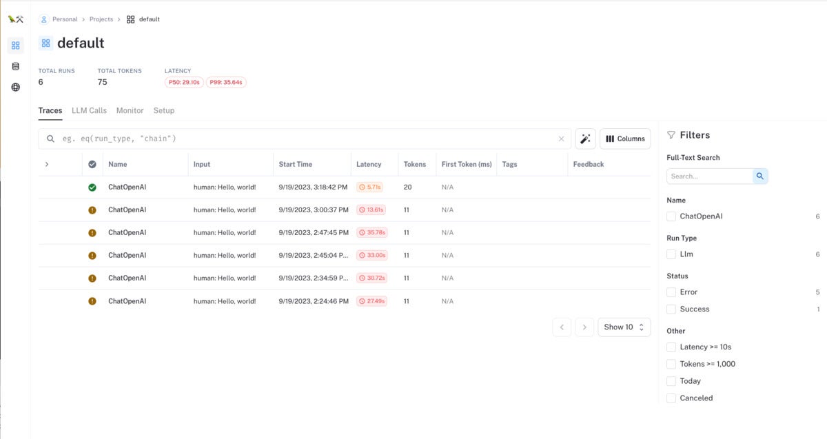 A trace list shows logs of six attempts to run the quick start.