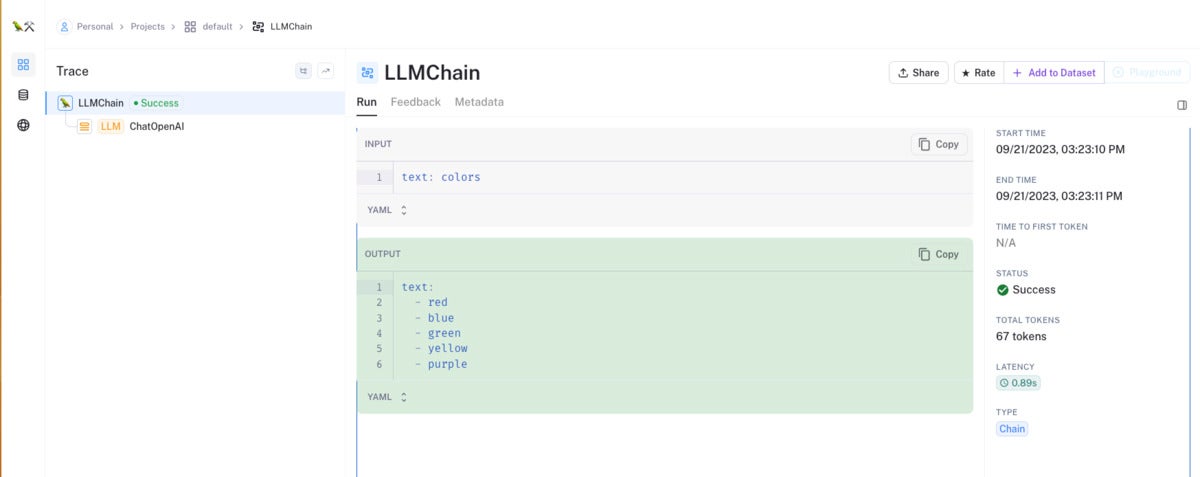 The run tab for the top-level chain.