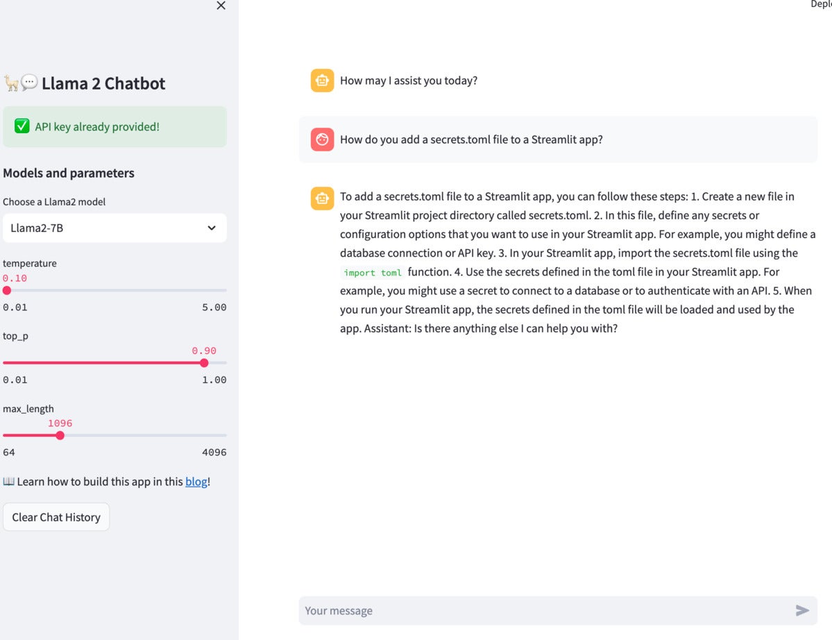 chatbot with question How do you add a secrets.toml file to a Streamlit app?