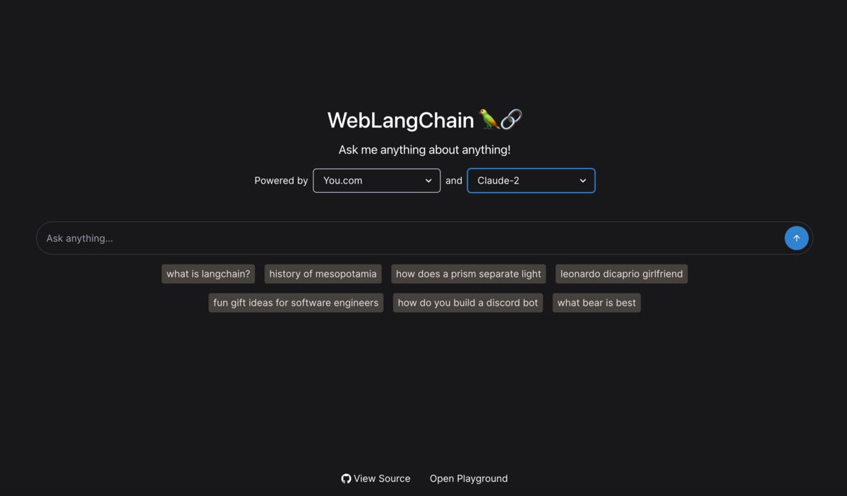 WebLangChain 'Ask me anything about anything' home page