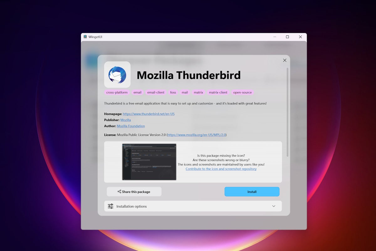 Winget UI showing Thunderbird