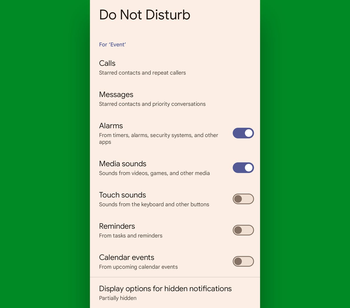 Google Calendar Android: Do not disturb settings
