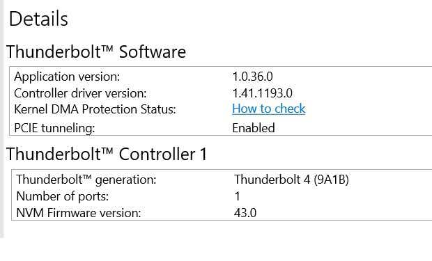 Detalles del centro de control Thunderbolt