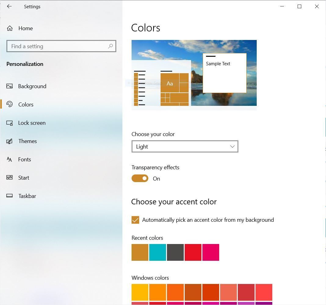 windows10 colors settings