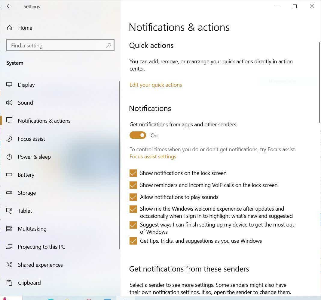 windows 10 notifications actions screen