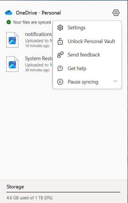 windows 10 onedrive pop-up menu