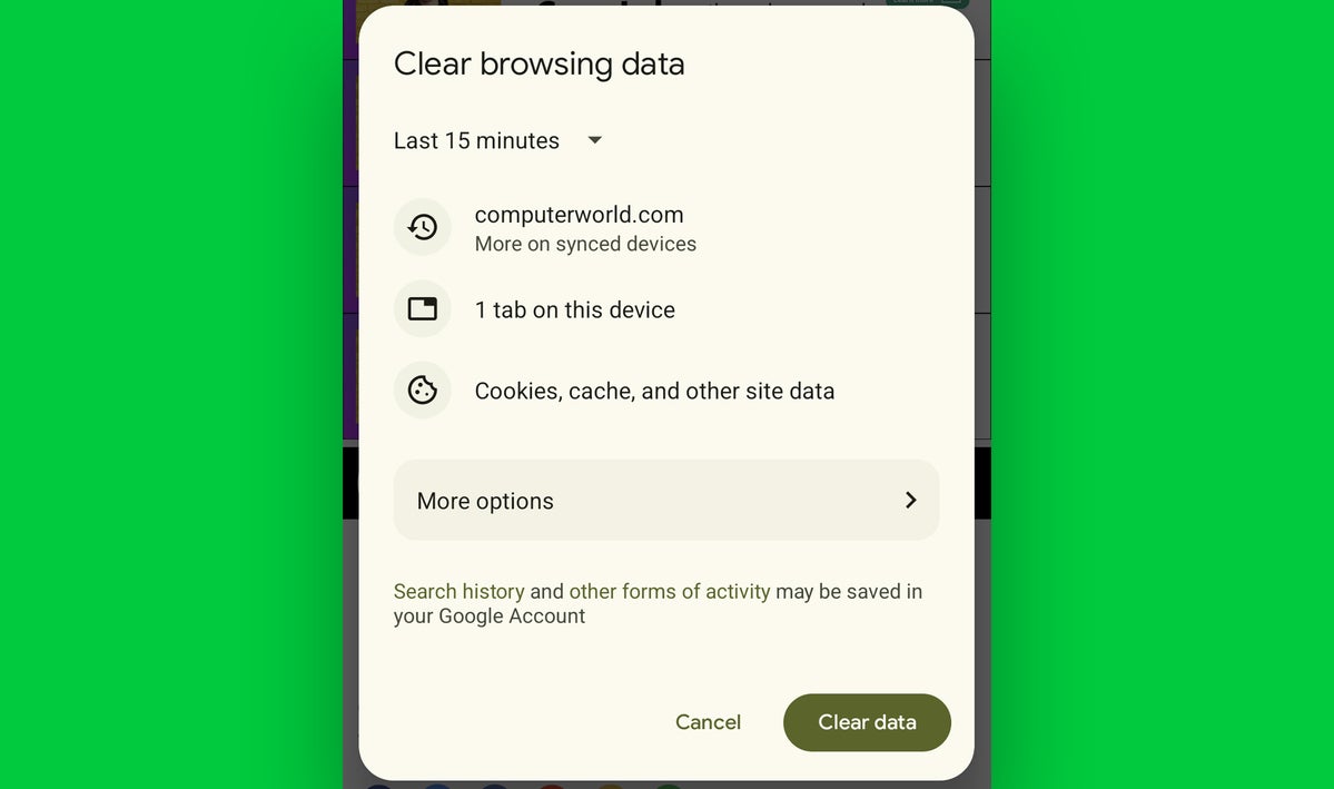 Android privacy: Chrome clear data options