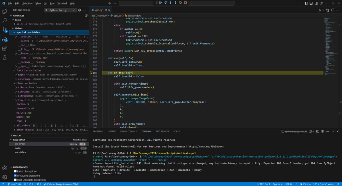 Launching Python code with the VS Code debugger.