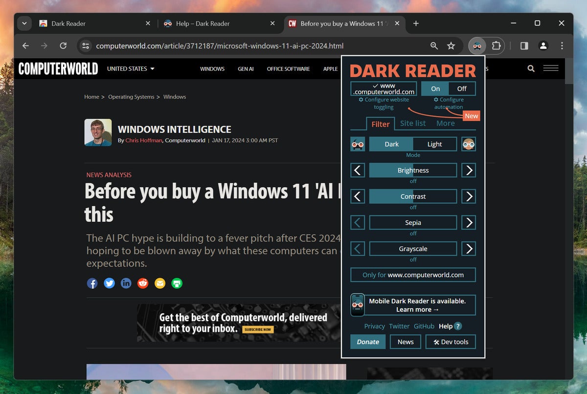 Windows 10, Windows 11 dark mode: Dark reader