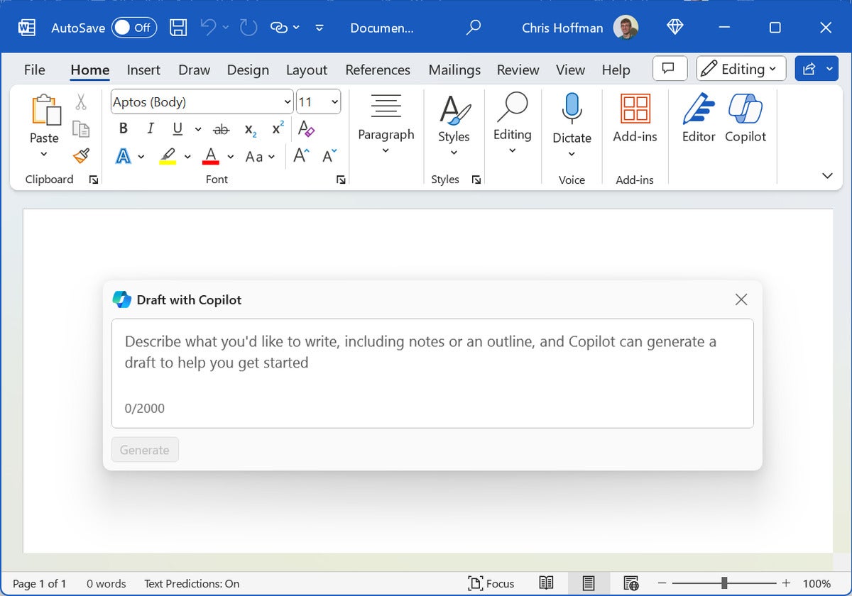 Microsoft Copilot Pro - Copilot prompt in Word