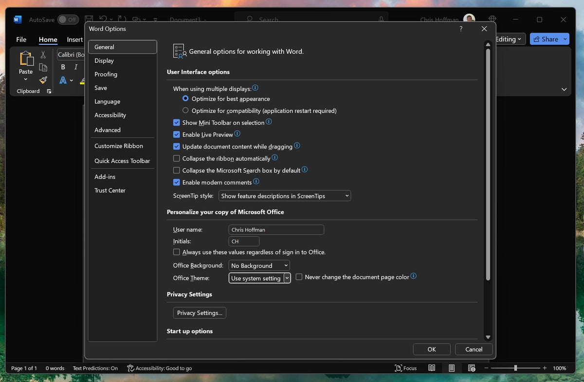 Windows 10, Windows 11 dark mode: Word enable dark theme