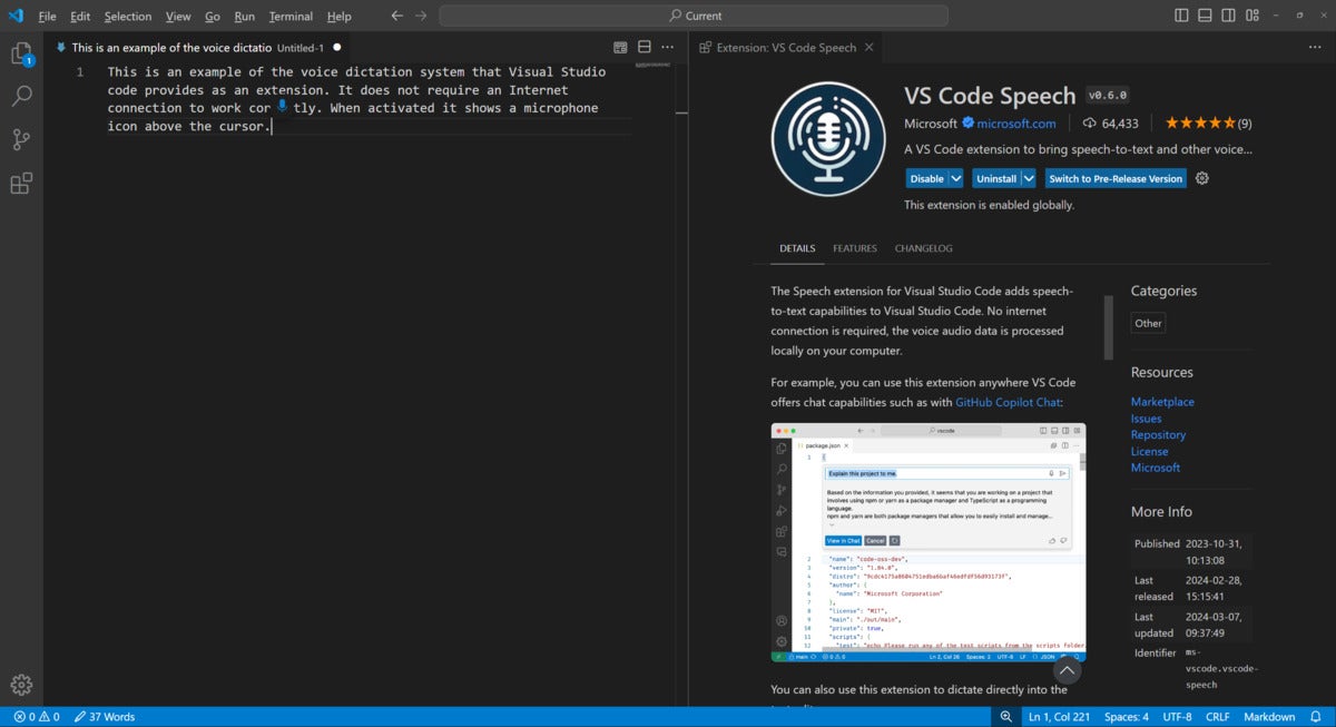 The VS Code Speech extension in action.