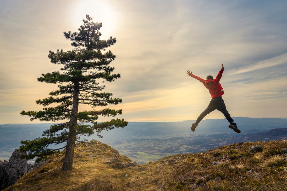 Person jumping for joy on a mountaintop. Freedom, expansion, triumph.