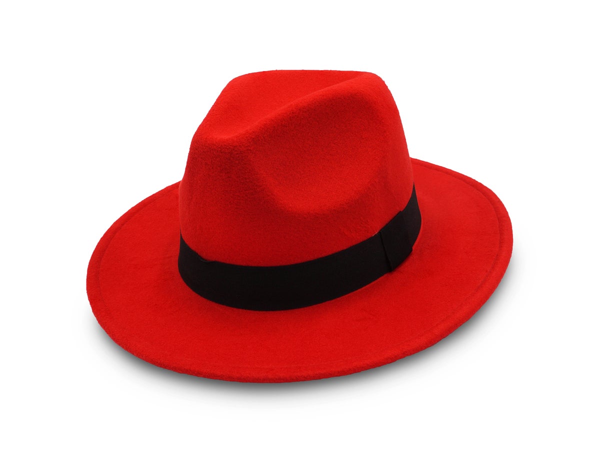 shutterstock 1395239159 red fedora hat with black band on white background red hat