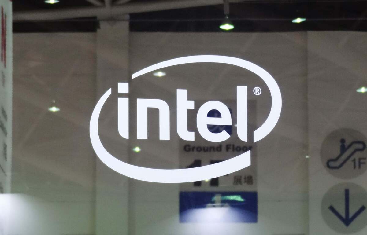 White Intel logo on glass at Computex 2015