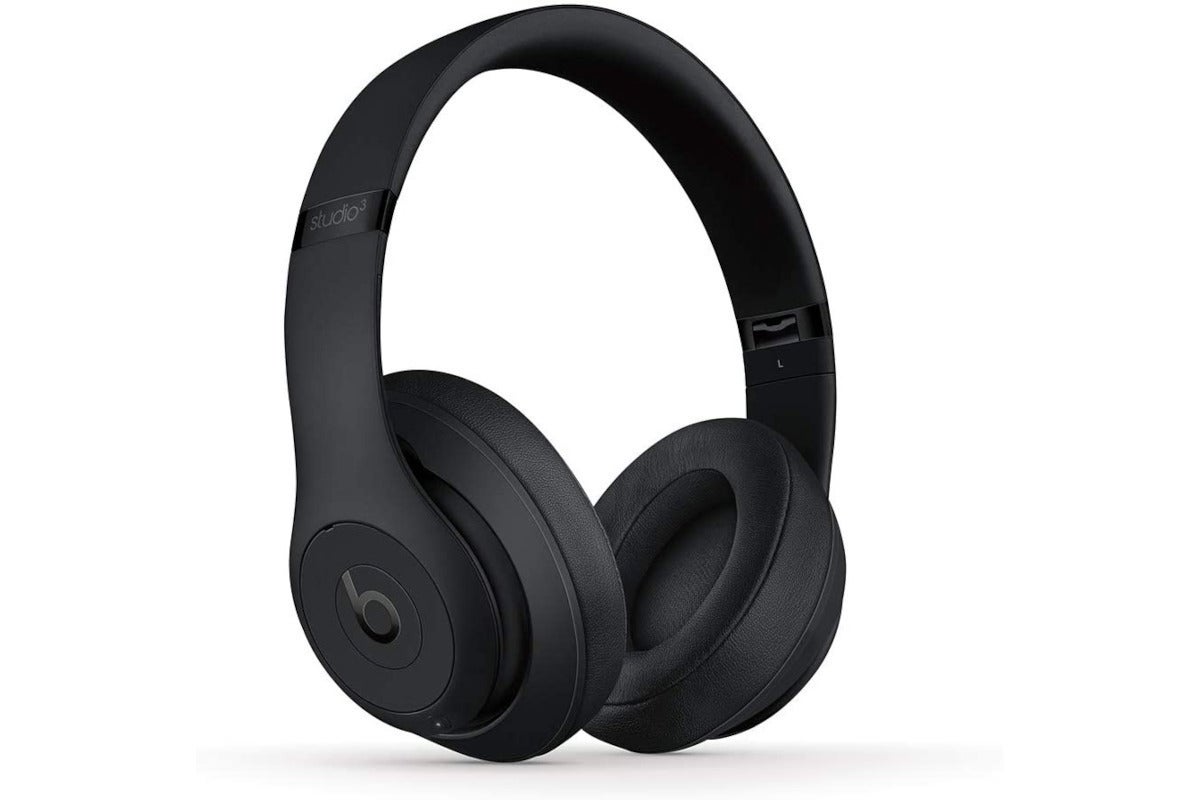 a pair of black over-the-ear headphones on a white background