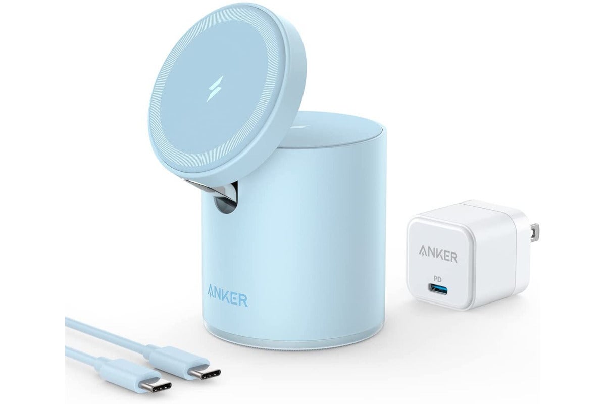 An Anker wireless charger that looks like a baby trash can in powder blue