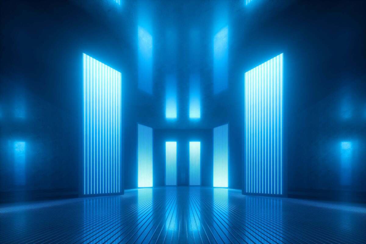 Empty corridor with a series of glowing doors [options/ alternatives/ opportunities/ future/ next]