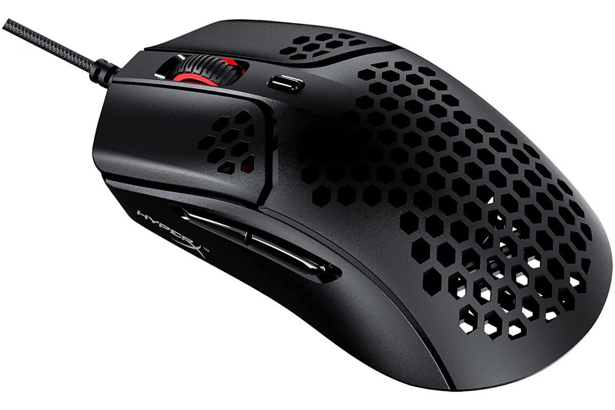 A black mouse with red accents on the scroll wheel and a honeycomb shell.